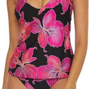 Trina Turk Black Tankini with Vibrant Hot Pink Floral Print